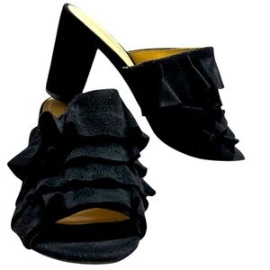 Liz Claiborne Deanna Black Suede Ruffled Mule Open Toe Slide Heels